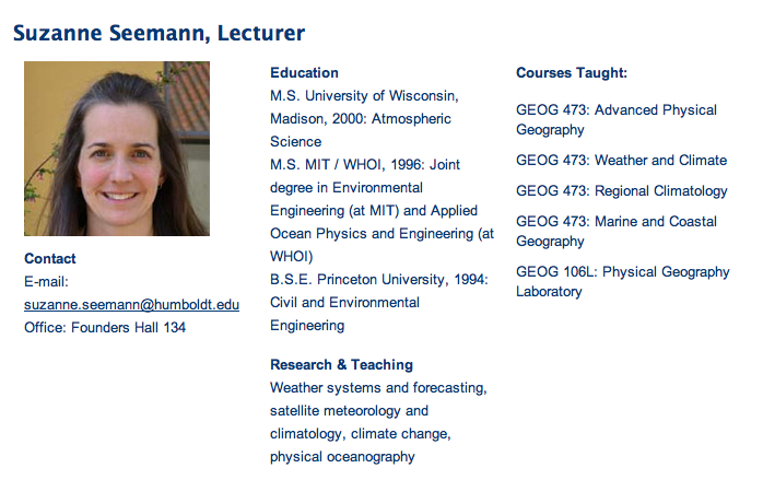 Seemann, Suzanne Humboldt State University's Staff & Faculty page. https://www.humboldt.edu/geography/faculty-staff.html
