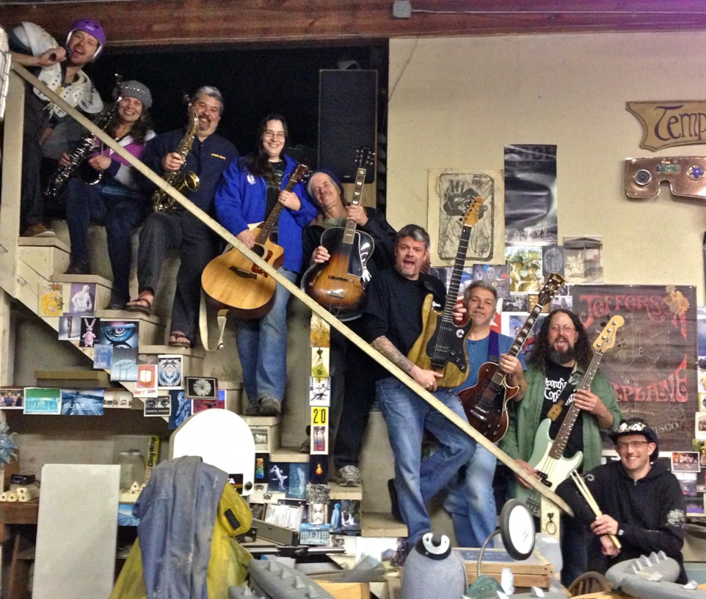 Members of the Arcata Eye Rockestra took a break from rehearsing Sunday night to smile for the camera. Left to right: Andrew Goff, Marla Joy, Gene Joyce, Morgan Magpie Corviday, Rick Park, Wolf Navarro, Mark Lovelace, Dan Davis and Kelly Brannon. Not pictured: Terrence McNally, Gil Cline, Kelly Hoover and Kevin Hoover. KLH | Eye