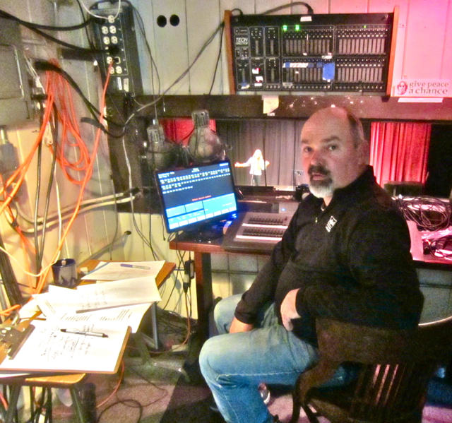 David Ferney in the sound and lighting booth, and Ali Freedlund on stage at the Arcata Playhouse during rehearsal last Sunday afternoon. KLH | Eye
