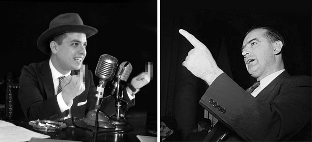 Mayor Shane Brunton and Sen. Joseph McCarthy gesture during recent hearings. Photo approved by Federal Bureau of Appropriateness