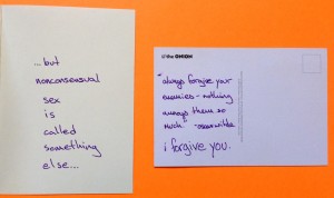 The backs of the cards, with messages to Koopman from Patterson.