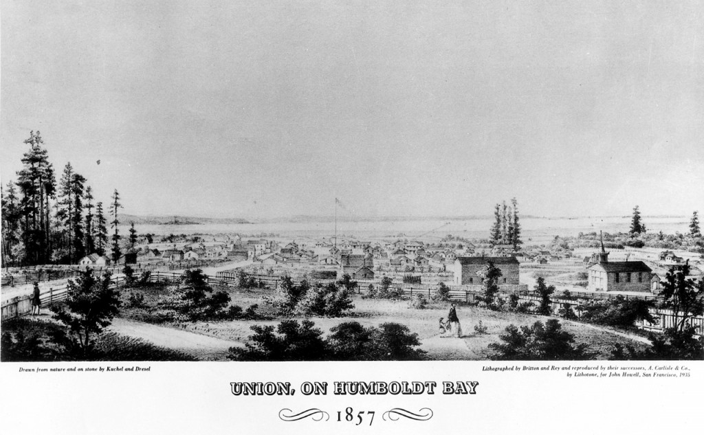 In 1853, Emil Dresel and Charles Conrad Kuchel formed the lithographic firm of Kuchel and Dressel. The two issued lithographs based on drawings Dresel made during extensive travels through Northern California and Indian territory. Wrote historian Susie Baker Fountain, "In the days when Arcata was still known as Union, it was visited by a group of men from San Francisco whose work was unheralded at the time, but the value of which continues to increase. Thanks to their efforts, the present generation can share some of the views familiar to the pioneers a hundred years ago." (Photograph courtesy HSU Library.)