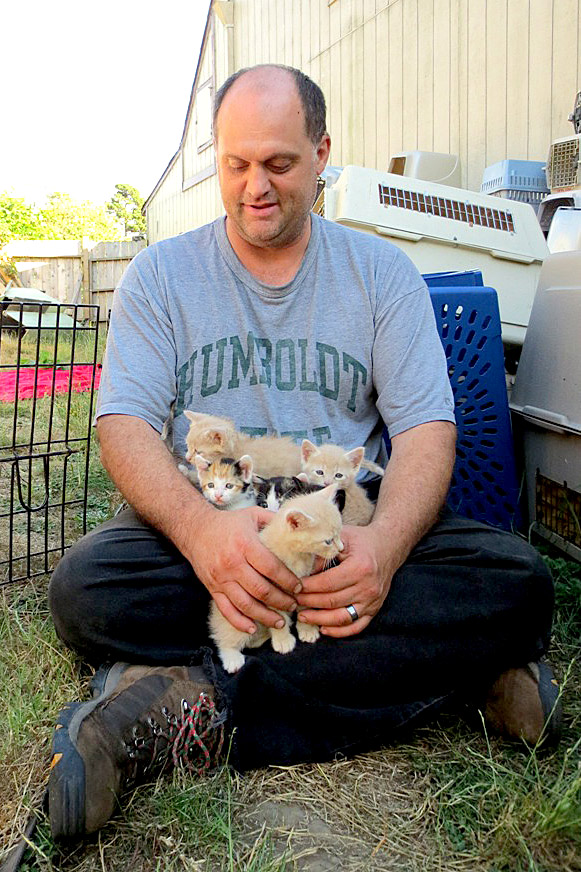 Pictured with Delightful’s kittens is Jeff Sellers, a regular customer at CAF. Jeff used to come in and mostly visit with Trinity and the other adult cats, but more recently he has been sharing his love and kindness with the kittens!